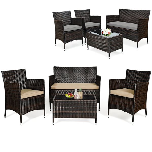 Patio Set Rona Costway 4-piece Patio Wicker Furniture Set Sofa Chair with Brown & Grey ...