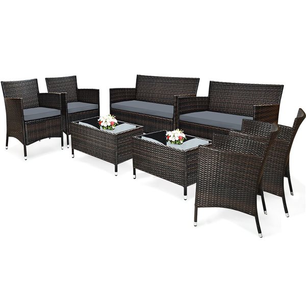 Costway 8-piece Rattan Patio Furniture Set Cushioned Sofa Chair Coffee Table Garden Grey