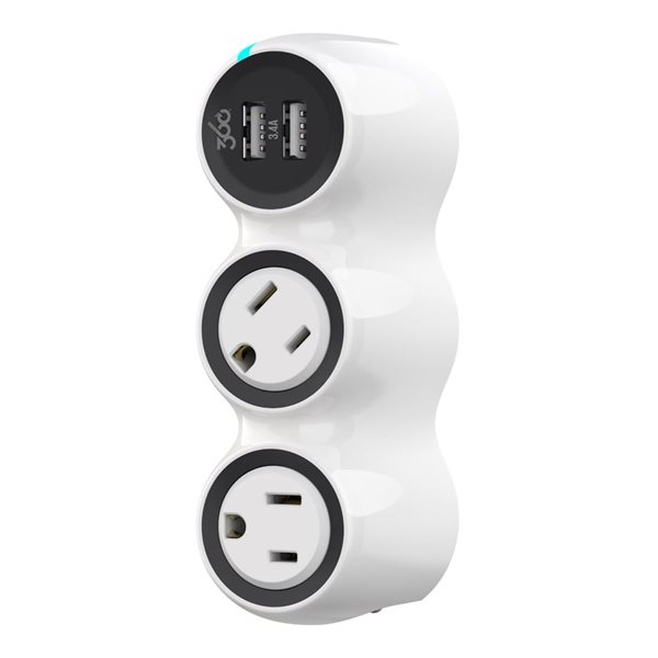 360 Electrical PowerCurve Mini 2nd Generation 2-Outlet Rotating Surge Tap with 2 x 3.4A USB ports - White