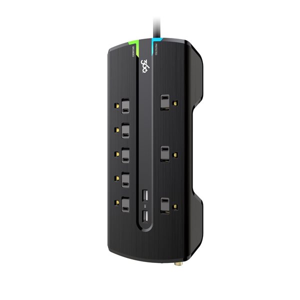 Bloc de surtension 8 prises Director 360 Electrical 2 ports USB 3,4A pour câbles coaxiaux et RJ11/RJ45 cordon 6 pi, noir