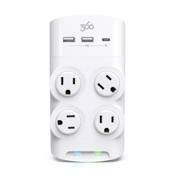 Bloc d'alimentation parasurtenseur Revolve 45 à 4 prises rotatives avec 2 ports USB-A et 1 port USB-C, blanc/gris