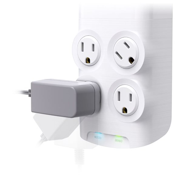 Bloc d'alimentation parasurtenseur Revolve 45 à 4 prises rotatives avec 2 ports USB-A et 1 port USB-C, blanc/gris