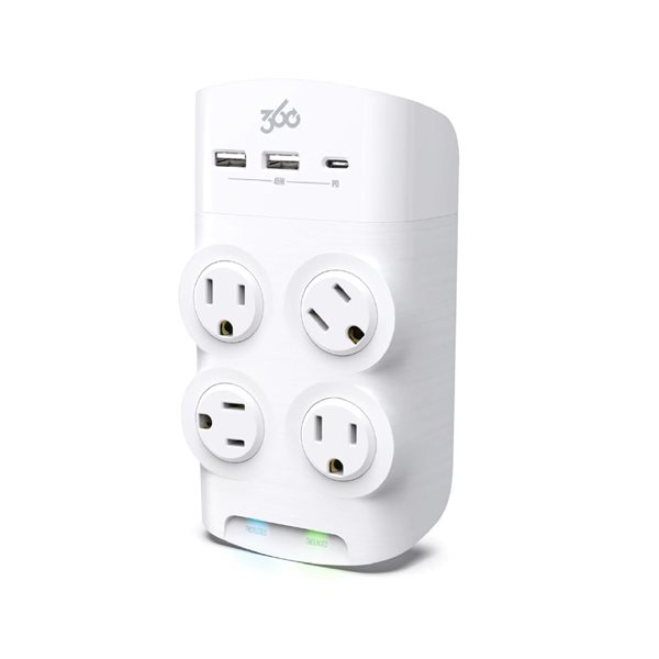 Bloc d'alimentation parasurtenseur Revolve 45 à 4 prises rotatives avec 2 ports USB-A et 1 port USB-C, blanc/gris