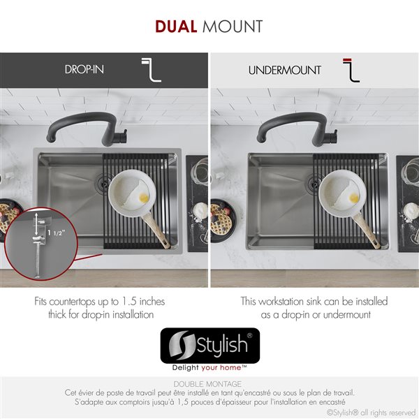 Évier de cuisine avec poste de travail intégré S-131W Stylish Completo en acier inoxydable 31 po à encastrer/sous plan