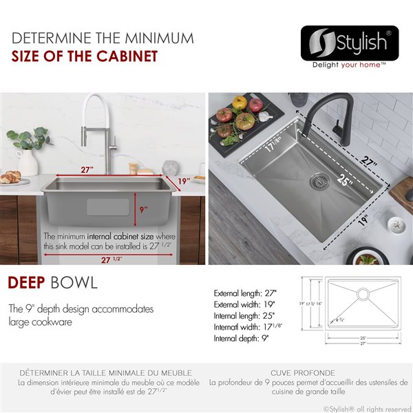 Évier de cuisine à encastrer S-127W Stylish Argon 27 po acier inoxydable avec poste de travail intégré et accessoires