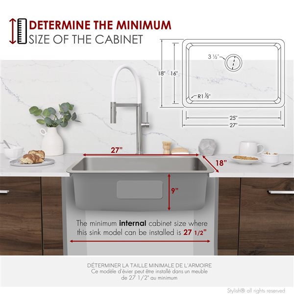 Stylish 27-in Single Bowl Dual-Mount Stainless Steel Kitchen Sink