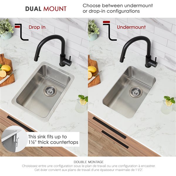 Évier de cuisine à cuve simple à double montage de Stylish 12,5 po en acier inoxydable
