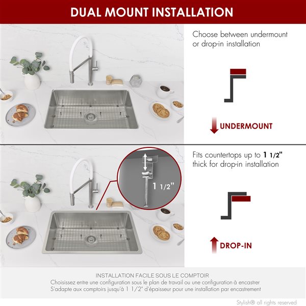 Évier de cuisine à cuve simple à double montage Stylish avec grilles, 27 po en acier inoxydable