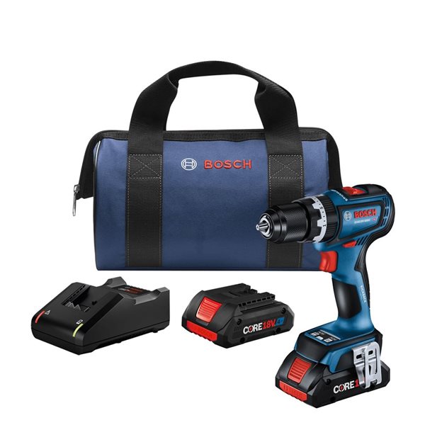 Trousse perceuse-visseuse sans-fil 18 V sans balais Bosch 1/2 po connectée et 2 batteries CORE18V 4 Ah grande puissance