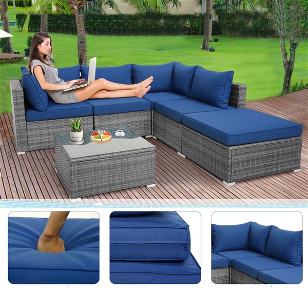 Costway 6-piece Wicker Patio Set With Cushioned Sectional Sofa and Coffee Table - Blue