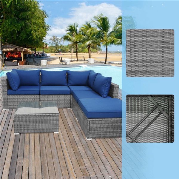 Costway 6-piece Wicker Patio Set With Cushioned Sectional Sofa and Coffee Table - Blue