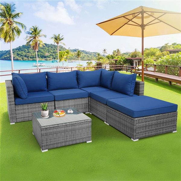 Costway 6-piece Wicker Patio Set With Cushioned Sectional Sofa and Coffee Table - Blue