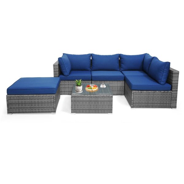 Costway 6-piece Wicker Patio Set With Cushioned Sectional Sofa and Coffee Table - Blue