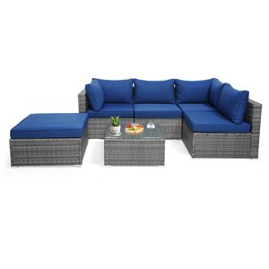 Costway 6-piece Wicker Patio Set With Cushioned Sectional Sofa and Coffee Table - Blue