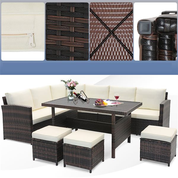 Costway 7-piece Rattan Patio Conversation Set With  Sectional Sofa and Coffee Table - White