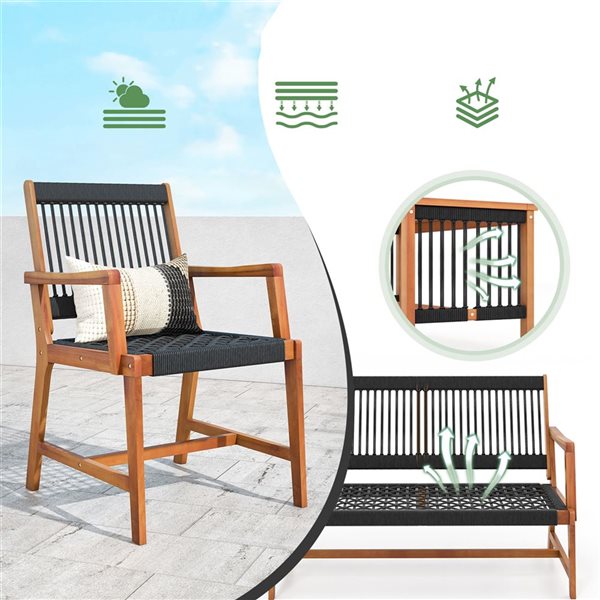 Costway 4-piece Acacia Wood Patio Conversation Table and Chair Set Hand-Woven  Rope