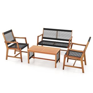 Costway 4-piece Acacia Wood Patio Conversation Table and Chair Set Hand-Woven Rope