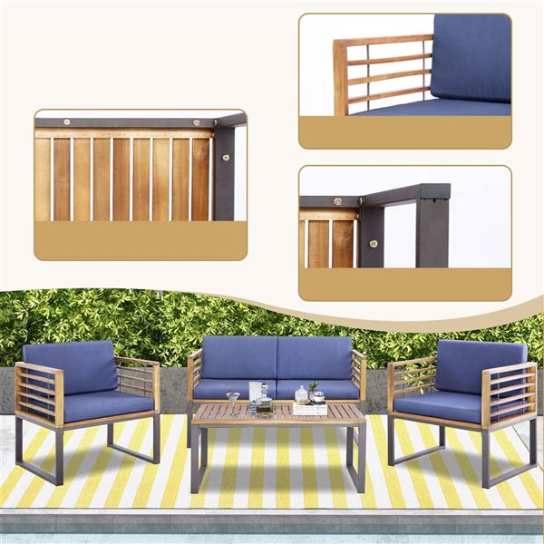 Costway 4-piece Patio Acacia Wood Chair Table and Loveseat - Blue