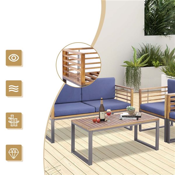 Costway 4-piece Patio Acacia Wood Chair Table and Loveseat - Blue