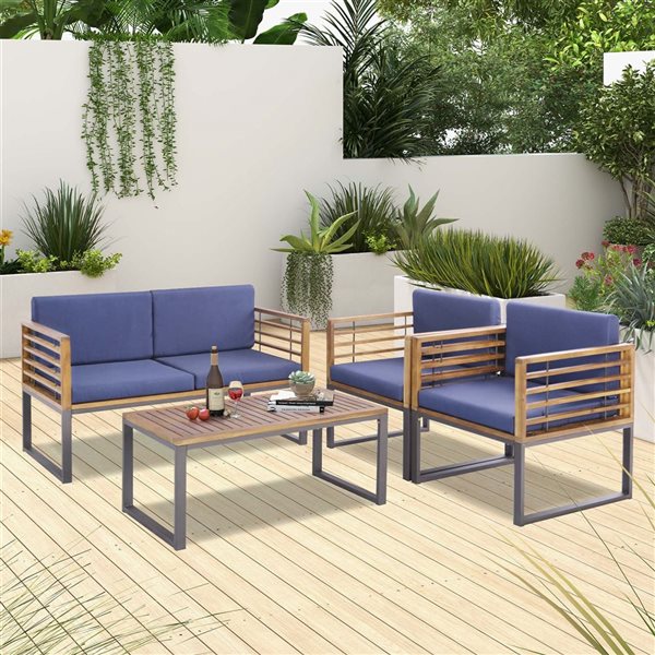 Costway 4-piece Patio Acacia Wood Chair Table and Loveseat - Blue