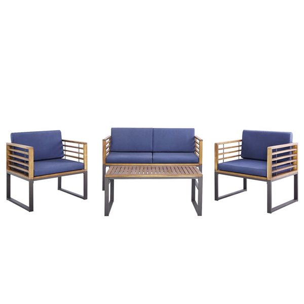 Costway 4-piece Patio Acacia Wood Chair Table and Loveseat - Blue