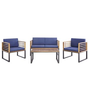 Costway 4-piece Patio Acacia Wood Chair Table and Loveseat - Blue