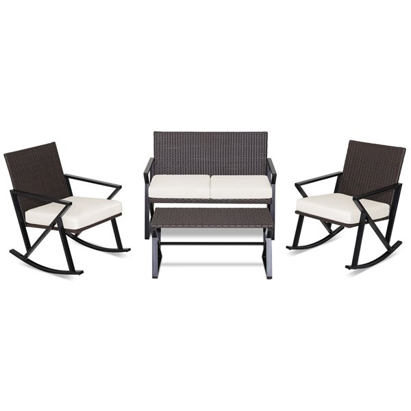 Image of Costway | 4-Piece Patio Rattan Wicker Rocking Chairs, Loveseat And Table - White | Rona