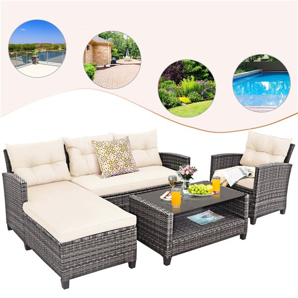 Costway 4-piece Patio Rattan Furniture Set Sofa with Ottoman ans Table - White