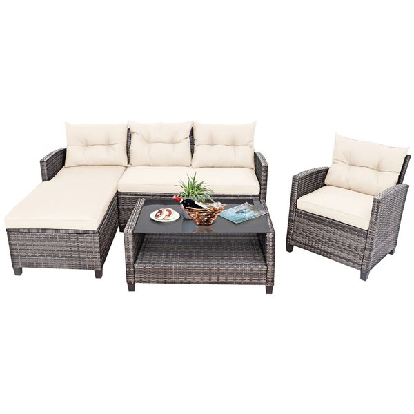 Costway 4-piece Patio Rattan Furniture Set Sofa with Ottoman ans Table - White