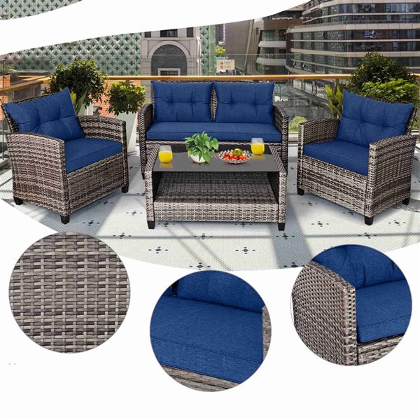 Costway 4 -piece Rattan Patio Conversation Set Coffee with Table - Blue