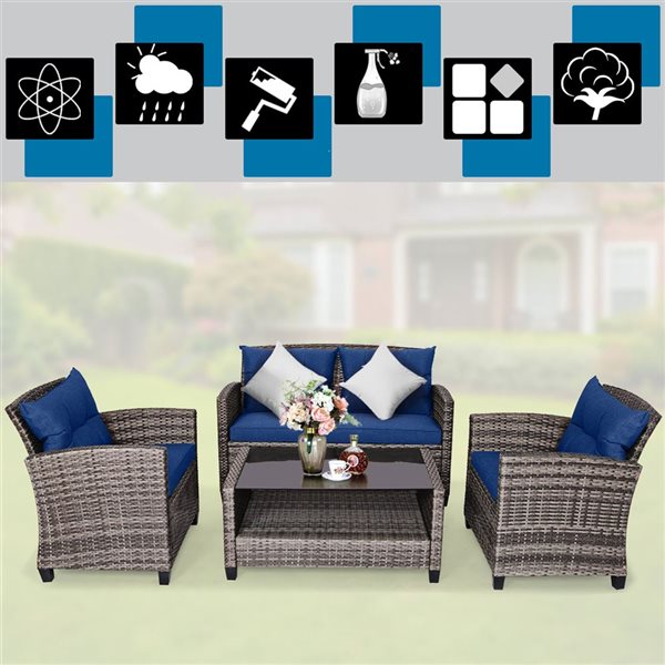 Costway 4 -piece Rattan Patio Conversation Set Coffee with Table - Blue