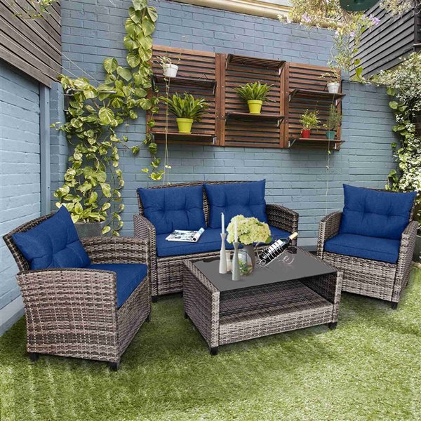 Costway 4 -piece Rattan Patio Conversation Set Coffee with Table - Blue