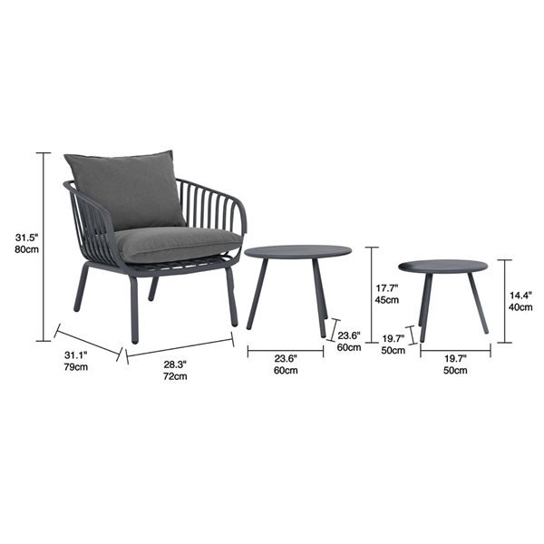 Patioflare Balcony Collection Grey GRS Recycled Plastic Vista 4-Piece Chat Set