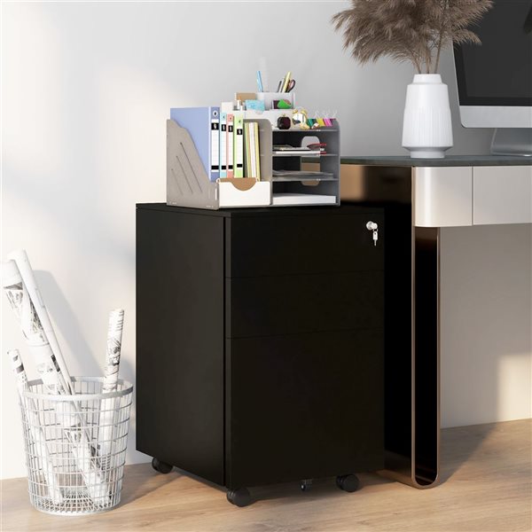 Vinsetto Black Steel 3-Drawer File Cabinet with Lock and Hanging Bar for Letter and Legal Size