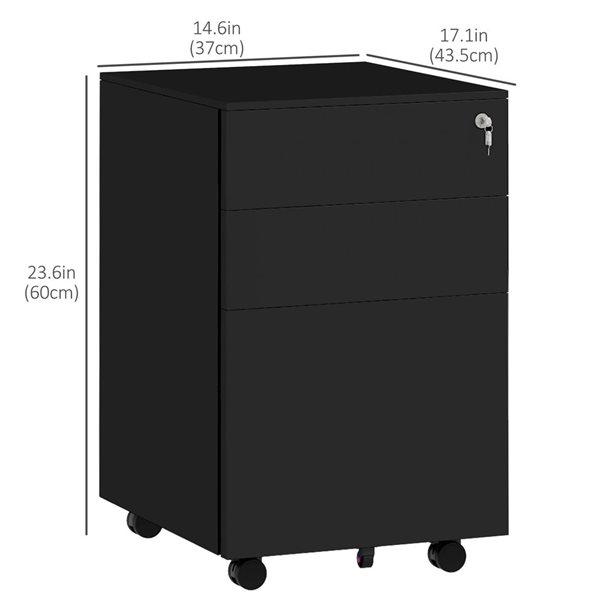 Vinsetto Black Steel 3-Drawer File Cabinet with Lock and Hanging Bar for Letter and Legal Size