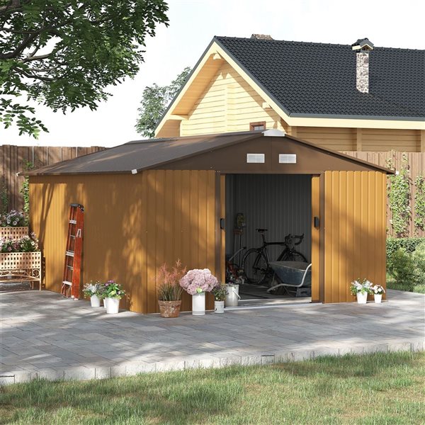 Outsunny 11 x 13-ft Tan/Brown Galvanized Steel Garden Storage Tool Shed with 4 Ventilation Slots