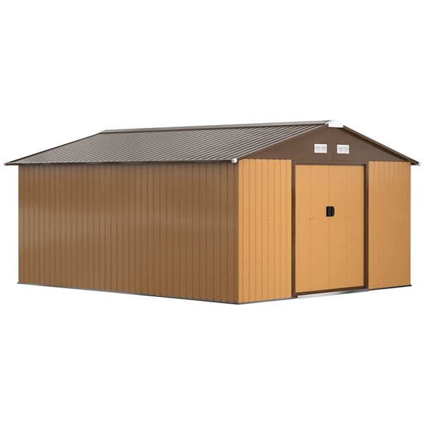 Remise Outsunny 11 x 13 pi tan/brun en acier galvanisé pour les outils de jardin avec 4 fentes d'aération