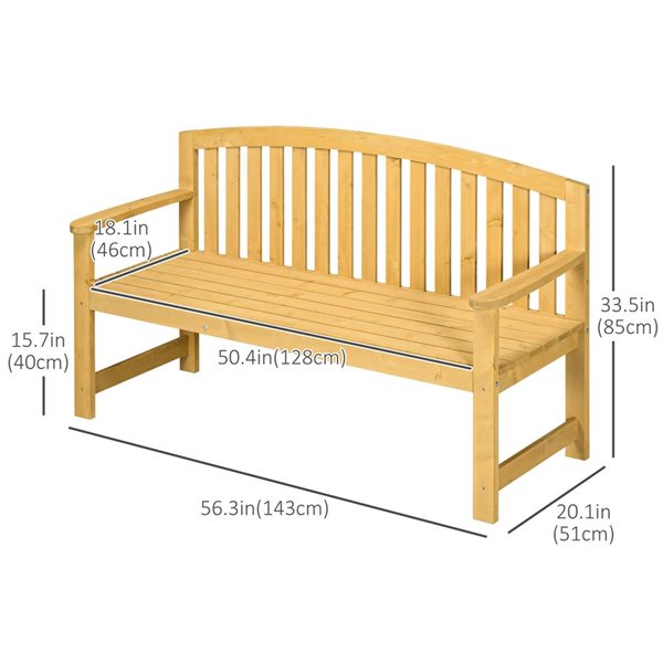 Banc de jardin Outsunny 56,3 x 20,1 x 33,5 po en cèdre 2 places à lattes