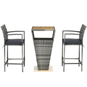 Outsunny 3-Piece Grey Rattan Wicker Bar Table and Chair Set with Grey Polyester Cushions