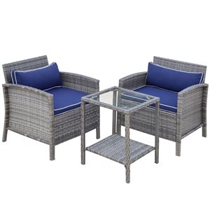 Outsunny 3-Piece Blue Polyester Cushioned Armchair Rattan Bistrot Set with Tempered Glass Cofee Table