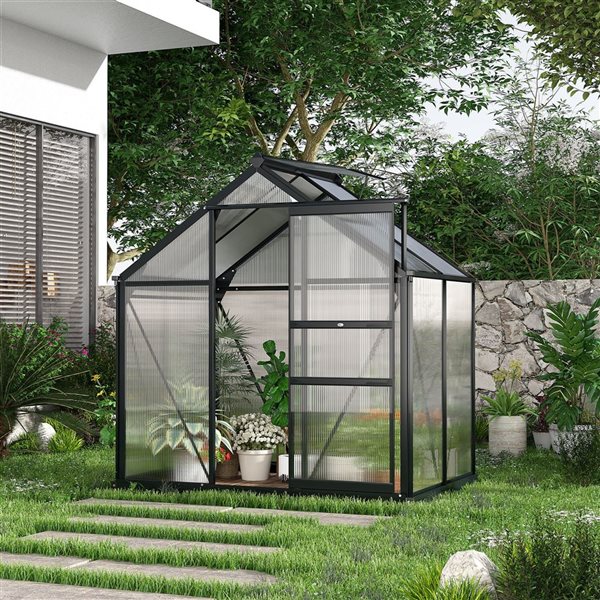 Outsunny Aluminum/Polycarbonate Black Frame Walk-In Garden Hot Greenhouse - 6.6-ft H x 6.2-ft L