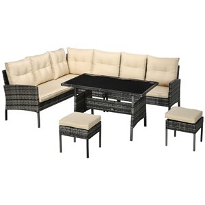 Outsunny 6-Piece Outdoor Sectionnal Rattant Sofa Set with Dining Table and Off-White cushions