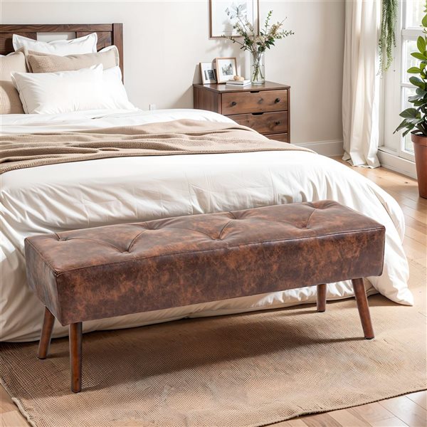 HomCom Brown End of Bed Bench with Button Tufted PU Leather Upholstery