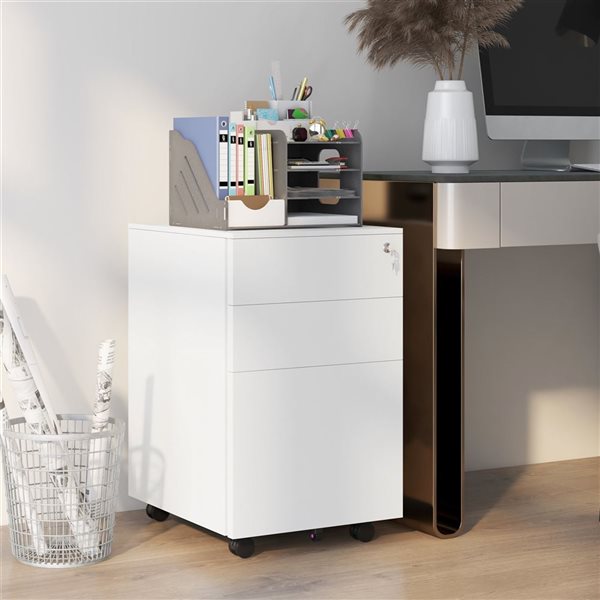 Vinsetto White Steel 3-Drawer File Cabinet with Lock and Hanging Bar for Letter and Legal Size