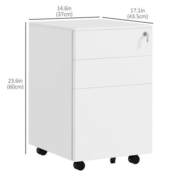 Vinsetto White Steel 3-Drawer File Cabinet with Lock and Hanging Bar for Letter and Legal Size