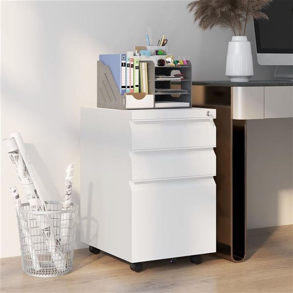 Vinsetto White Steel 3-Drawer File Cabinet with Lock, Integrated Handles and Hanging Bar for Letter and Legal Size