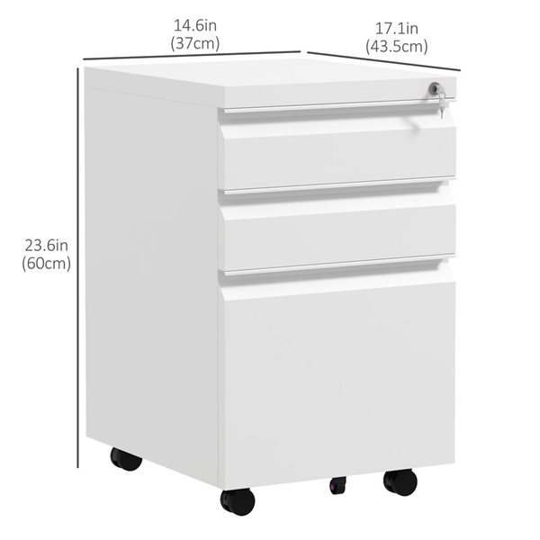 Vinsetto White Steel 3-Drawer File Cabinet with Lock, Integrated Handles and Hanging Bar for Letter and Legal Size