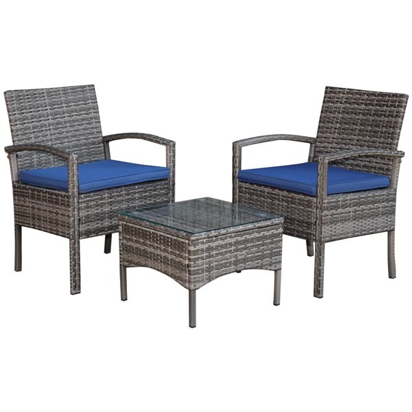 Patio Set Rona Outsunny 2-Chair Rattan Patio Set with Coffee Table and Blue Polyester ...