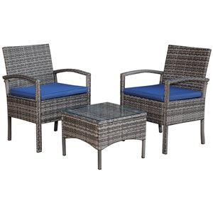 Outsunny 2-Chair Rattan Patio Set with Coffee Table and Blue Polyester Cushions