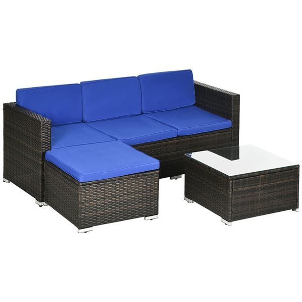 OUTSUNNY Mobilier extérieur en rotin gris Outsunny 3 pièces avec coussins polyester bleus inclus